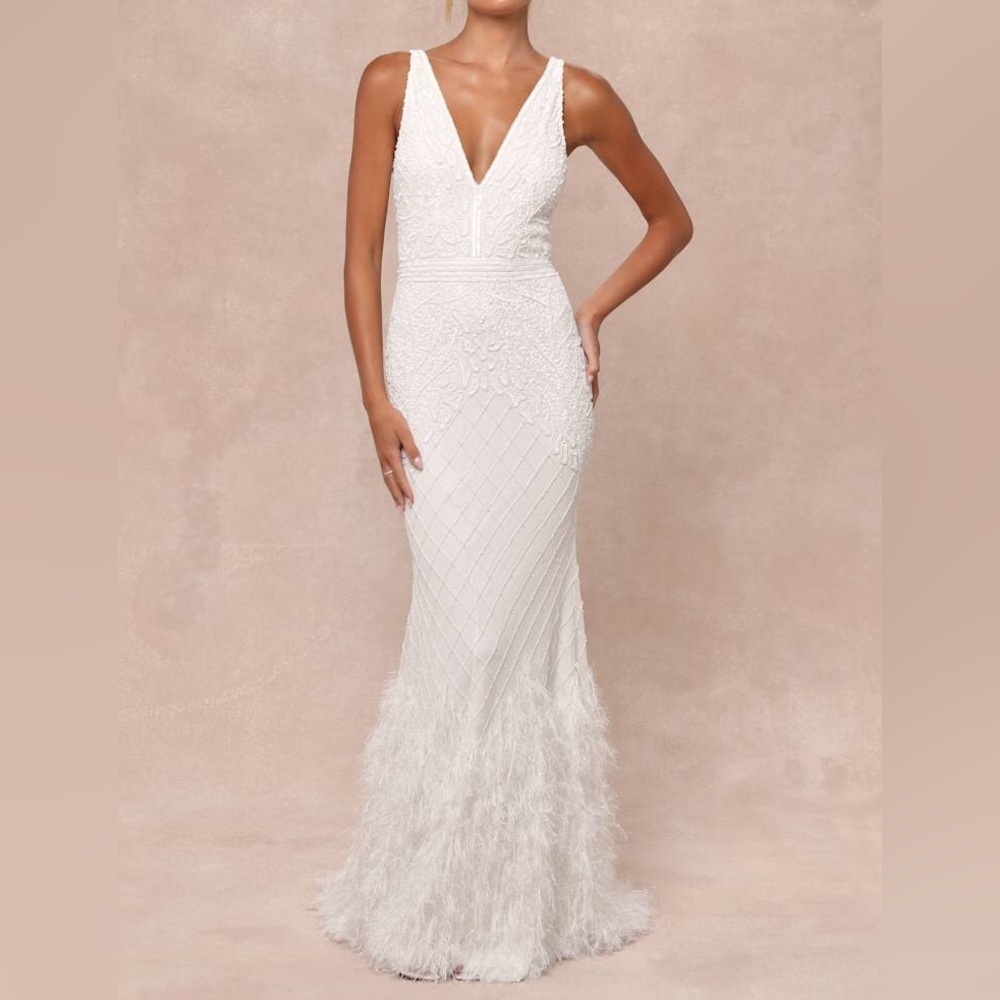 Lulus Glamorous Vow White Beaded Feather Lurex Mermaid Maxi Dress Size S